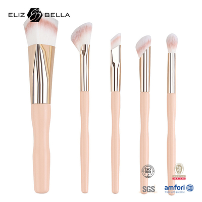 5 Stück Werkspreis Custom Logo 100% synthetisches Haar Vegan Gesichts-Augen-Makeup-Bürste Set,Holzgriffe und Aluminium-Ferrule