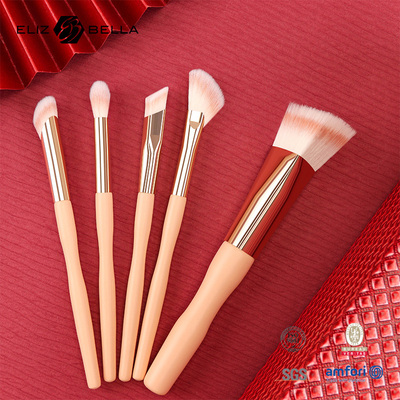 5 Stück Werkspreis Custom Logo 100% synthetisches Haar Vegan Gesichts-Augen-Makeup-Bürste Set,Holzgriffe und Aluminium-Ferrule
