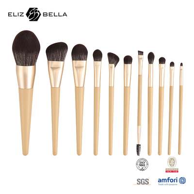 11 Stück Holzgriffe Schönheits-Make-up-Bürste Set Aluminium-Ferrule Kosmetik-Bürsten,Synthetische Haarbürste Set