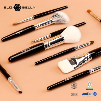 Personalisieren Sie 9 Stück Travel Pro Make-up Bürsten mit schwarzem Holzgriff und Aluminium Ferrule