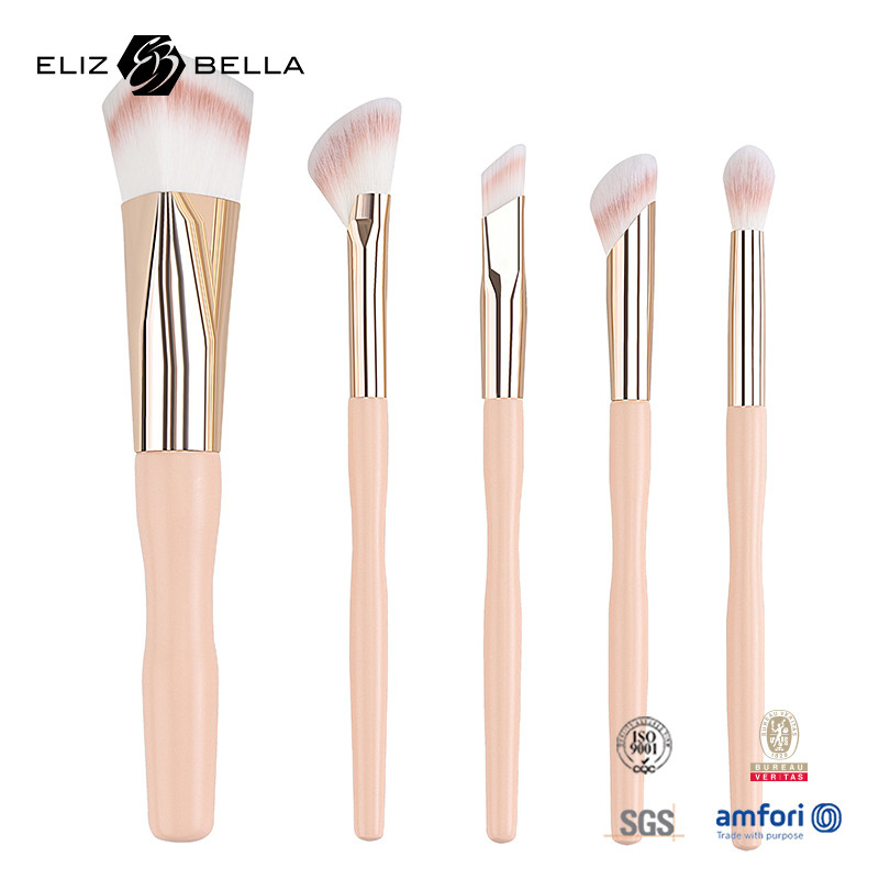 5 Stück Werkspreis Custom Logo 100% synthetisches Haar Vegan Gesichts-Augen-Makeup-Bürste Set,Holzgriffe und Aluminium-Ferrule