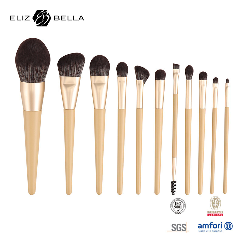 11 Stück Holzgriffe Schönheits-Make-up-Bürste Set Aluminium-Ferrule Kosmetik-Bürsten,Synthetische Haarbürste Set