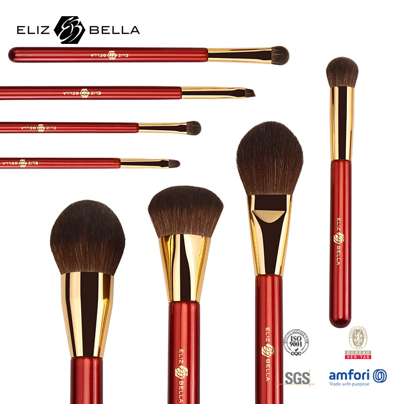 Rote Holzgriffe Kosmetikbürste mit synthetischen Haar Make-up-Bürsten mit Gold Aluminium Ferrule