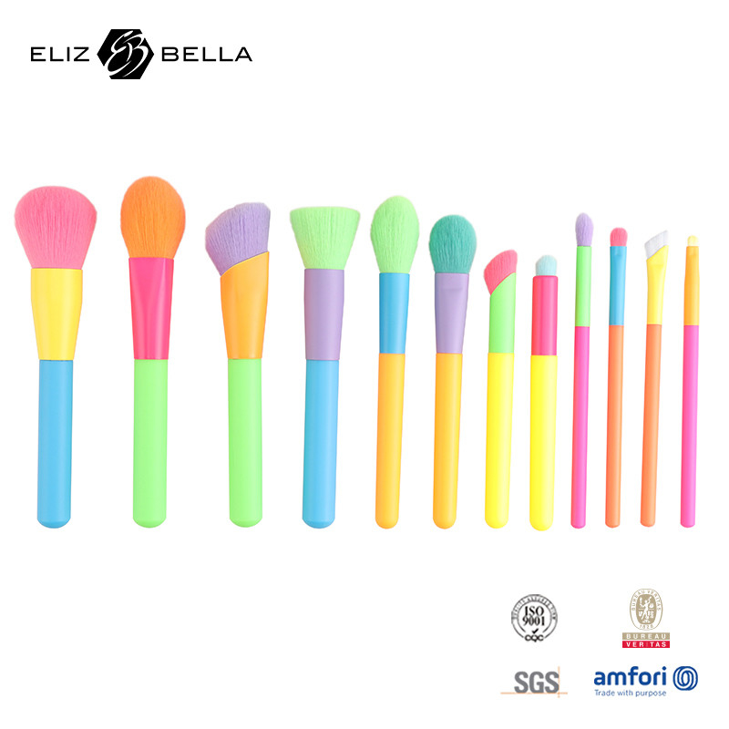 12 Stück farbenfrohe Kunststoffgriffe und Aluminium-Ferrule Schönheits-Kosmetik-Bürste Set Probe